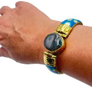 RARE - VINTAGE BONE HINGED CUFF BANGLE BRACELET GEMSTONE BRASS ACCENTS - NWOT